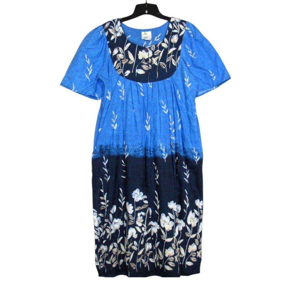 VTG DAFFODIL Blue Floral TWILL Buttons SIDE POCKETS Lounge HOUSE DRESS CAFTAN S